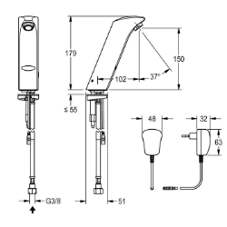 Picture of KWC PRTRS0011 Elektronik-Waschtischarmatur mit Rückflussverhinderer:nein, Berechnungsdurchfluss Trinkwasser:0.1 l/s, Voreinstellung Hygienespülung:nicht aktiviert, Art.Nr. : 2030025088