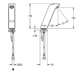 Picture of KWC AQUA131 Elektronik-Waschtischarmatur* mit Rückflussverhinderer:nein, Berechnungsdurchfluss Trinkwasser:0.1 l/s, Voreinstellung Hygienespülung:nicht aktiviert, Art.Nr. : 2000067774