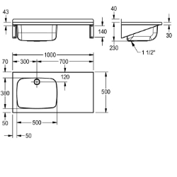 Picture of KWC SIRIUS BS333 Mehrzwecktrog,Ablage rechts Spritzschutzhöhe:40 mm, Beckenposition:links, Beckendesign:runde Ecken, Art.Nr. : 2000100078