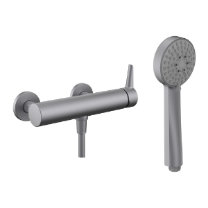 Picture of LAUFEN - PURE - Duschenmischer, Anschlussdistanz 153 mm, mit Verschraubungen, mit Kunststoffschlauch 1600 mm, mit Handbrause MyTwin100/Stella, PVD inox look, Art.Nr. :HF901750423000