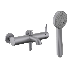 Picture of LAUFEN - PURE - Bademischer, Anschlussdistanz 153 mm, Ausladung 175 mm, mit Verschraubungen, mit Kunststoffschlauch 1600 mm, mit Handbrause MyTwin100/Stella, PVD inox look, Art.Nr. :HF901760423000